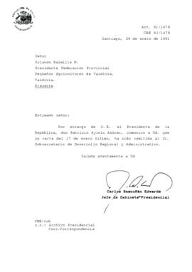 [Carta de respuesta del Jefe de Gabinete Presidencial dirigida al Presidente de la Federación Provincial de Pequeños Agricultores de Valdivia]