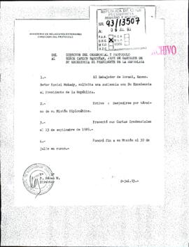 [Carta de la Dirección de Protocolo del Ministerio de RREE por solicitud de audiencia del Embajador de Israel en Chile]