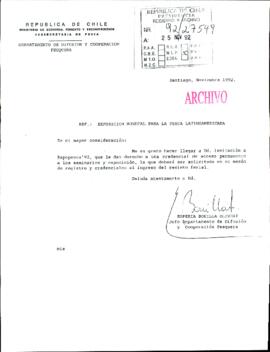 [Respuesta de Jefa del Departamento de Difusión y Cooperación Pesquera del Ministerio de Economía por invitación a Expopesca 1992]