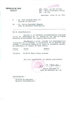 [Carta del Jefe de Gabinete de la Presidencia a Alcalde (S) de Recoleta]