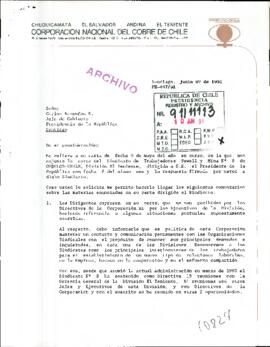 [Responde sobre las materias enunciadas en carta dirigida al Sindicato Trabajadores Sewell y Mina No. 8 de CODELCO-Chile]