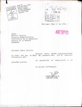 [Carta de Fundación San Gabriel en que envía recibo correspondiente al cobro del mes de Mayo de 1993 por el Servicio Informativo AIC]