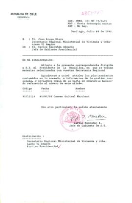 [Carta del Jefe de Gabinete de la Presidencia a SEREMI de Vivienda VI Región]