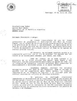 [Carta del Presidente Aylwin al Presidente de la República Argentina, resto a tema de habilitación del Paso de Pircas Negras].