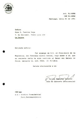 [Carta de respuesta por remisión de correspondencia enviada al Presidente, redirigiéndola al Banco del Estado de Chile ]