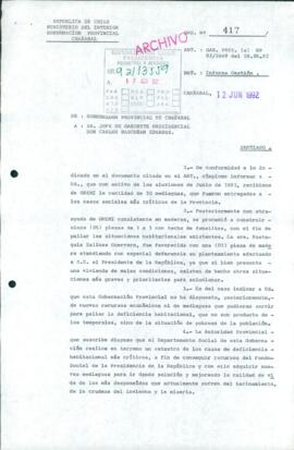[Oficio del Gobernador Provincial de Chañaral dirigido al Jefe de Gabinete Presidencial, referent...