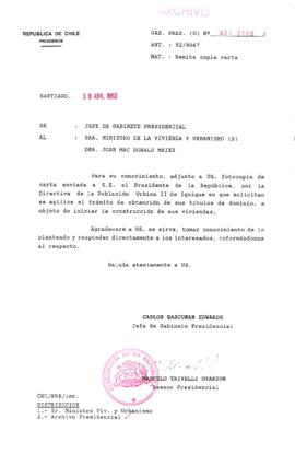 [Carta del Jefe de Gabinete de la Presidencia a Ministra (S) de Vivienda y Urbanismo]