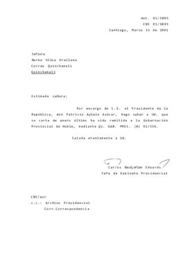 [Carta de respuesta por remisión de correspondencia enviada al Presidente, redirigiéndola a la Gobernación Provincial de Huble]