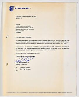 Carta del gerente de comercial del Mercurio a Sylvia Soublette