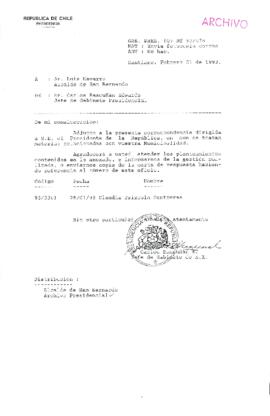 [Oficio del Gabinete Presidencial dirigido al Alcalde de San Bernardo mediante el cual pide información sobre gestión realizada en solicitud de particular]