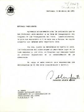[Carta de respuesta a invitación dirigida a Darwin Bustamante Presidente Confederación Trabajadores del Cobre]