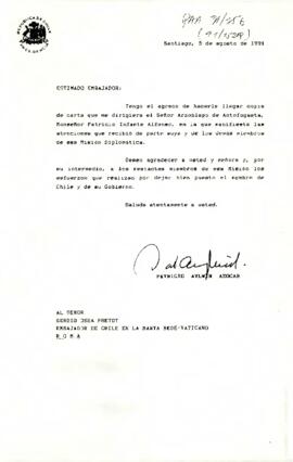 [Carta de agradecimiento dirigida a Embajador de Chile en La Santa Sede-Vaticano]
