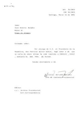 [Carta de respuesta por remisión de correspondencia enviada al Presidente, redirigiéndola a CODELCO  Chile]
