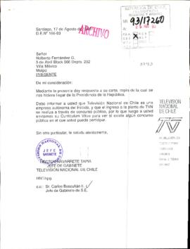 [Carta de Televisión Nacional de Chile en respuesta a Nolberto Fernández]