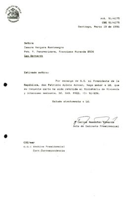 [Informa que carta fue remitida a MINVU, mediante Of. GAB. PRES. (0) 91/834]