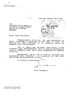 [Carta de Horst Paulmann excusándose por no poder asistir a cena en honor a Presidente de Alemania]