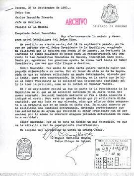 [Carta recibida del Obipso de Osorno mediante la cual expone la situación de reconstrucción del Convento de las Carmelitas Descalzas de esa ciudad]