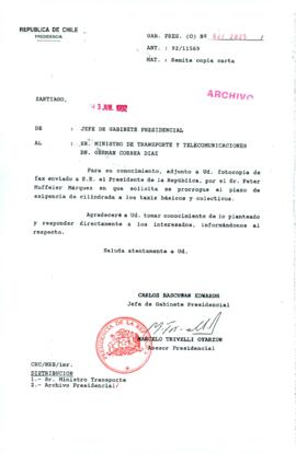 [Carta del Jefe de Gabinete de la Presidencia a Ministro de Transportes y Telecomunicaciones]