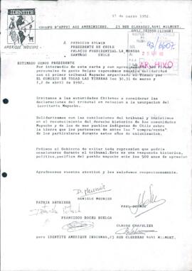 [Carta del Groupe D´Appui Aux Amerindiens dirigida al Presidente Patricio Aylwin, referente a conflicto mapuche]
