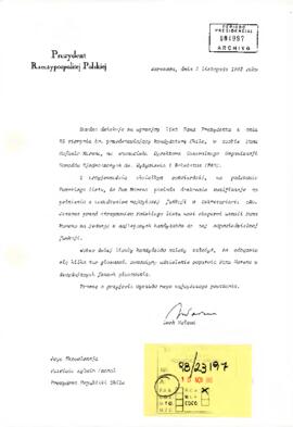 [Carta de Lech Wałęsa al Presidente Aylwin].