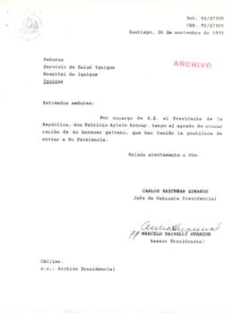 [Carta de respuesta del Jefe de Gabinete Presidencial a solicitud del Servicio de Salud de Iquique]