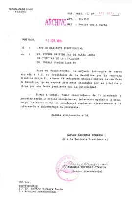[Oficio  Gab. Pres. Ord. N° 0814 de Jefe de Gabinete Presidencial, remite copia de carta que se indica]