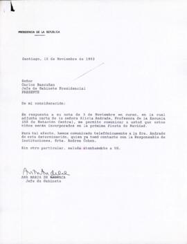 [Carta del Gabinete Presidencial mediante la cual se informa la incorporación de alumnos de escuela de Estación Central en Fiesta de Navidad]