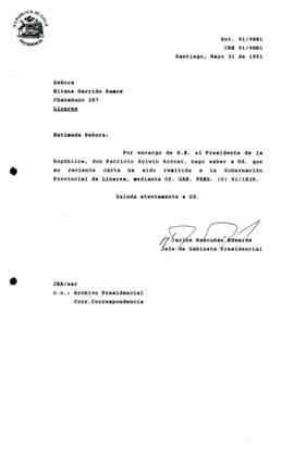 [Informa que carta fue remitida la Gobernación Provincial de Linares, mediante Of. GAB. PRES. (0) 91/1839]
