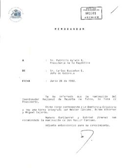 [Memorandum de Jefe de Gabinete Presidencial a Presidente de la República]