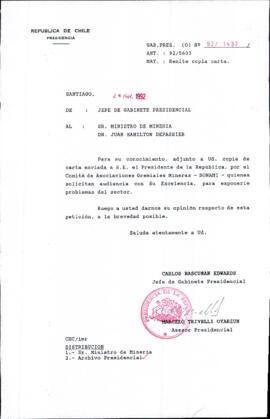 [Carta del Jefe de Gabinete de la Presidencia a Ministro de Minería]