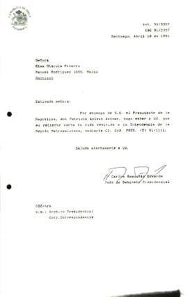 Carta remitida a la Intendencia de la Región Metropolitana, mediante Oí. GAB. PRES. (O) 91/1111.
