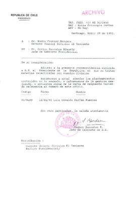 [Carta del Jefe de Gabinete de la Presidencia a Gerente General Codelco División El Teniente]