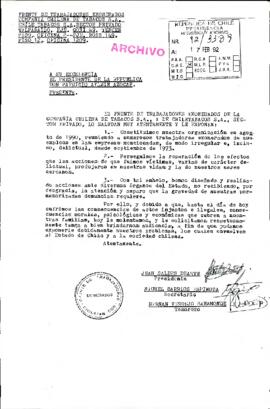 [Carta del Frente de Trabajadores  Exonerados Compañía Chilena de Tabacos S.A. dirigida al Presidente Patricio Aylwin]