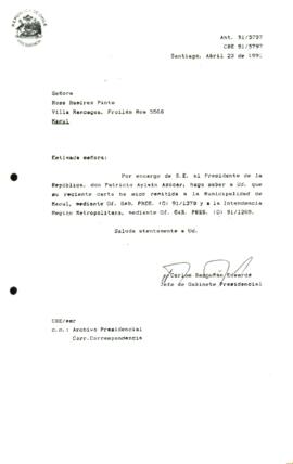 [Informa que carta fue remitida a Municipalidad de Macul, mediante Of. GAB. PRES. (0) 91/1270 y a la Intendencia RM, mediante Of. GAB. PRES. (0) 91/1269]