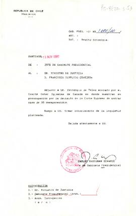 [Carta de Jefe de Gabinete a Ministro de Justicia remitiendo carta de Comité Iglesias Canadá sobre cierre de caso de desaparecidos]