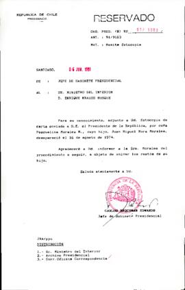 [Carta del Jefe de Gabinete Presidencial dirigida al Ministerio del Interior sobre solicitud de particular]