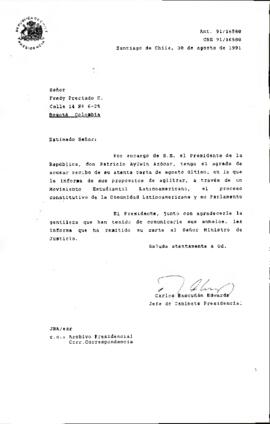 [Carta de respuesta al Sr. Fredy Preciado acusado recibo de su carta informando sobre movimiento estudiantil latinoamericano]