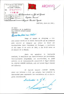 [Carta del Sr. Presidente, invita al Comandante en Jefe del Ejército a cena en honor al Sr. Presidente de Portugal]