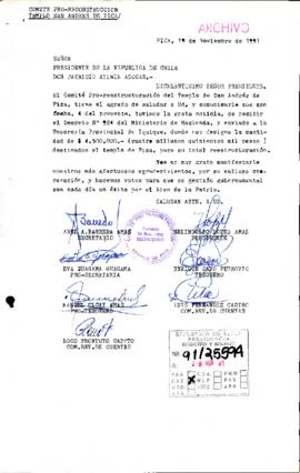 [Carta de agradecimiento del Comité Pro-reestructuración del Templo de San Andrés de Pica dirigida al Presidente Patricio Aylwin]