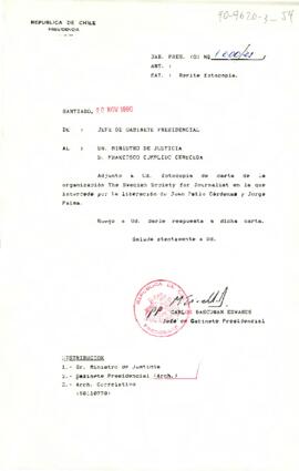 [Carta de Jefe de Gabinete a Ministro de Justicia remitiendo carta de Swedish Society for Journalist solicitando liberación de Pablo Cardenas y Jorge Palma]