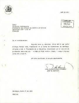 [Carta dirigida a Guillermo Piedrabuena Presidente Consejo de Defensa remitiendo Oficio Nº 83 sobre recurso de protección]