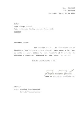 [Carta de respuesta por remisión de correspondencia enviada al Presidente, redirigiéndola  al Min...