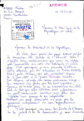 [Carta enviada desde Francia dirigida al Presidente Aylwin situación de Prèdo Piones Díaz]