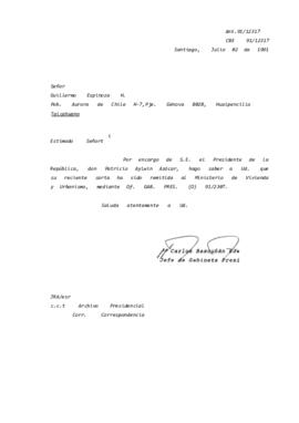 Carta remitida al Ministerio de Vivienda y Urbanismo, mediante Of. GAB. PRES. (O) 91/2307.