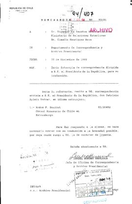 [Memorandum Nº  93/21: Envía fotocopia de correspondencia dirigida a S.E. el Presidente de la República, para su traducción]