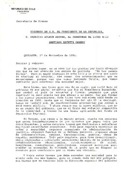 Discurso de S.E. El Presidente de la República. D. Patricio Aylwin Azócar, al inaugurar el Liceo A-12 Santiago Escutti Orrego