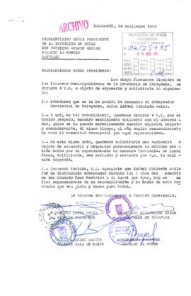 [Carta de los Alcaldes de la Provincia de Talagante dando a conocer su apoyo al actual Gobernador Provincial a quien le fue solicitada su renuncia]