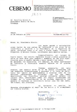 [Carta de H.A.J. Kruijssen, Director General de  la Organización católica cooperación al desarrollo Holanda, declinando invitación a acto de transmisión del Mando Presidencial].