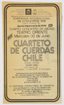 Afiche de Prensa : Cuarto Concierto de abono Teatro Oriente Cuarteto de Cuerdas Chile