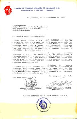 [Carta de la Cámara de Comercio Detallista de Valparaíso dirigida al Presidente Patricio Aylwin, referente a proyecto de apertura del camino sur de la región]